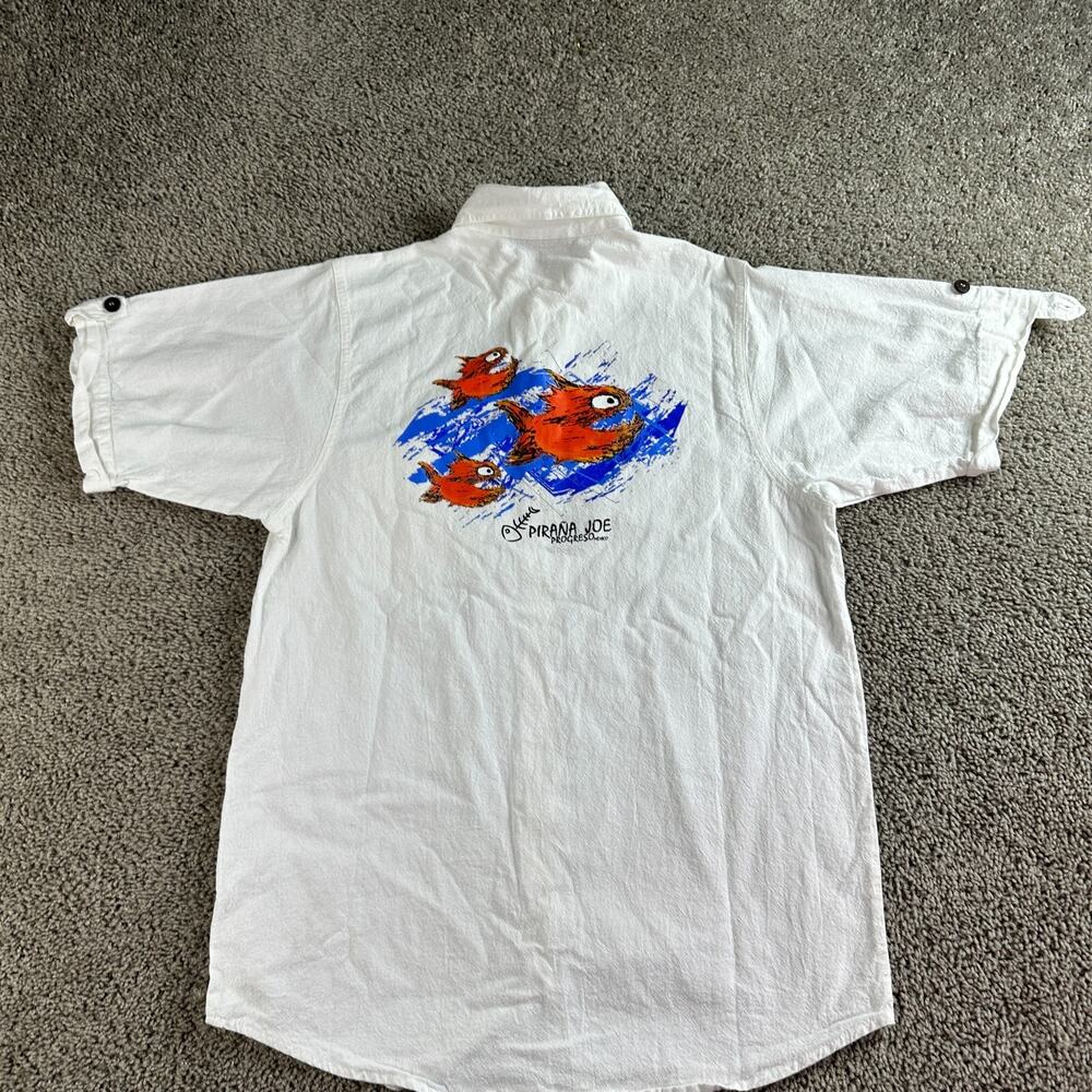 Pirana Joe Shirt Mens Medium White Blue Progreso Mexico Short Sleeve Button Up